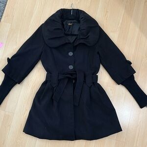 Black wool jacket. Fitted. Tie belt waist. Button up.